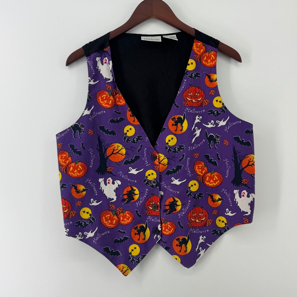 Basic Editions Halloween Vest Large Purple Pumpkins Ghosts Witches Bats Vintage